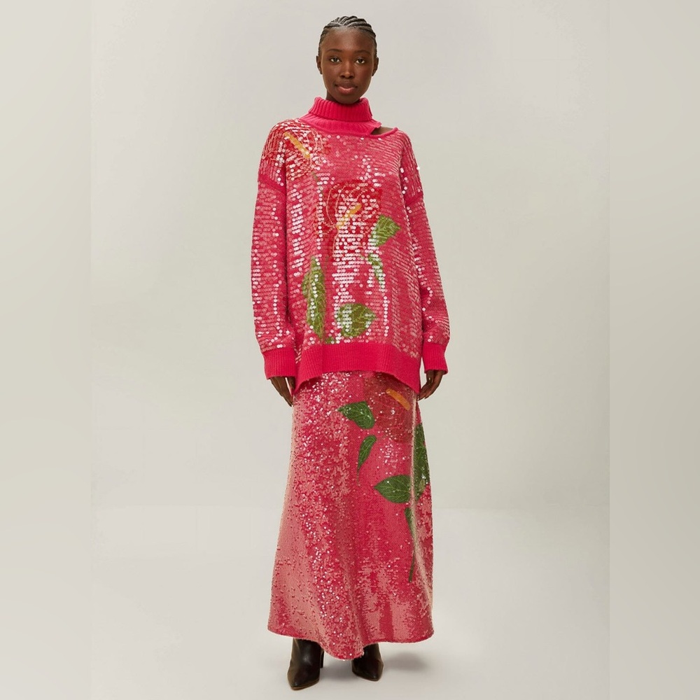 FARM Rio Pink Sequin Maxi Skirt with Green Floral Motif